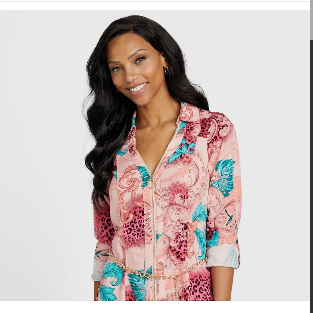 SOLD Pink and Blue Patterned Shirt Dress - Picture 3 of 12